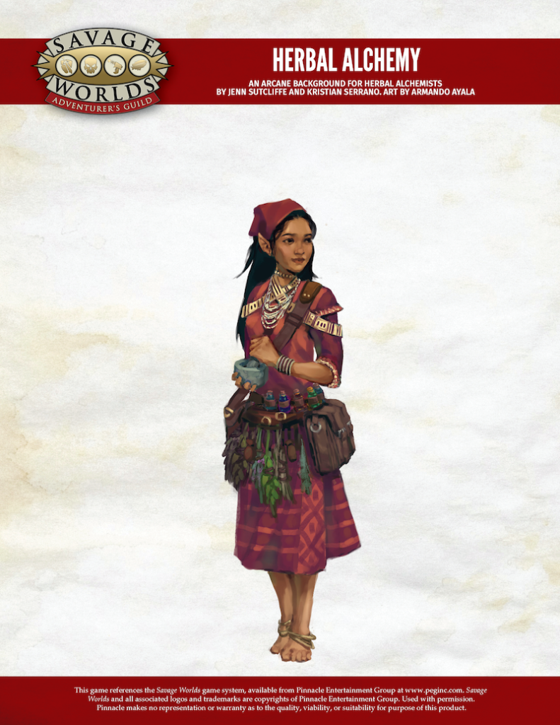 Cover image for Herbal Alchemy in which a woman with pointed ears mixes a concoction with a pestle and mortar held in her hands.
