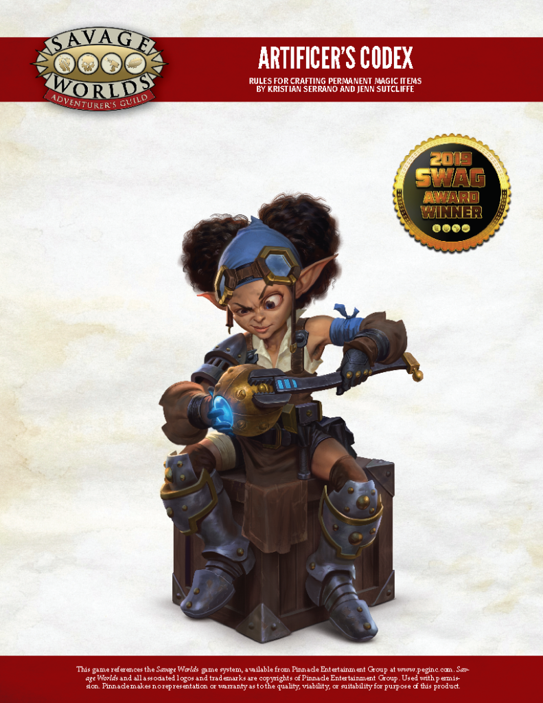 Cover of Artificer's Codex in which a gnome is sitting on a crate while using a wrench to tighten a bolt on an arcane device.